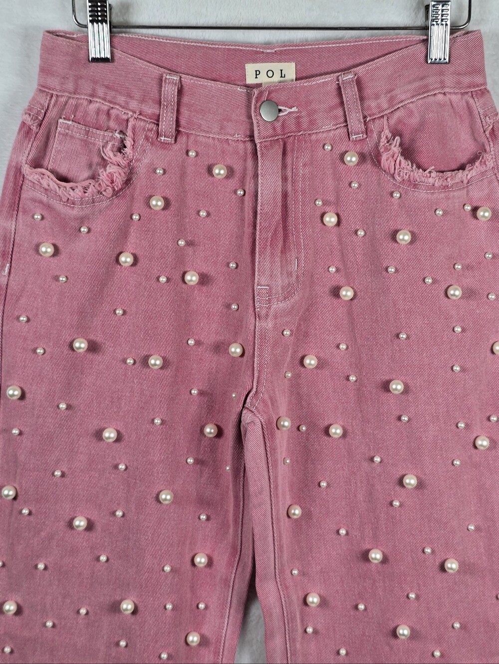 POL Pink Pearl Embellished Jeans Women's Sz.S Frayed Raw Edges Cottagecore Artsy - Picture 5 of 16